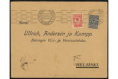 10 pen. og 20 pen. Våben på brev fra Wiborg d. 22.12.1917 til Helsingfors. 