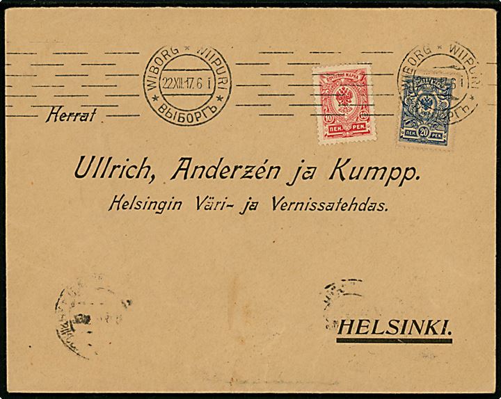 10 pen. og 20 pen. Våben på brev fra Wiborg d. 22.12.1917 til Helsingfors. 
