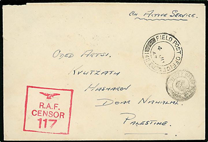 Ufrankeret O.A.S. feltpostbrev stemplet Field Post Office 148 (= Jerusalem) d. 4,6,1943 til Doar Nahalal, Palestine. Rødt RAF censurstempel no. 117 og ank.stemplet Nahalal d. 7.6.1943.