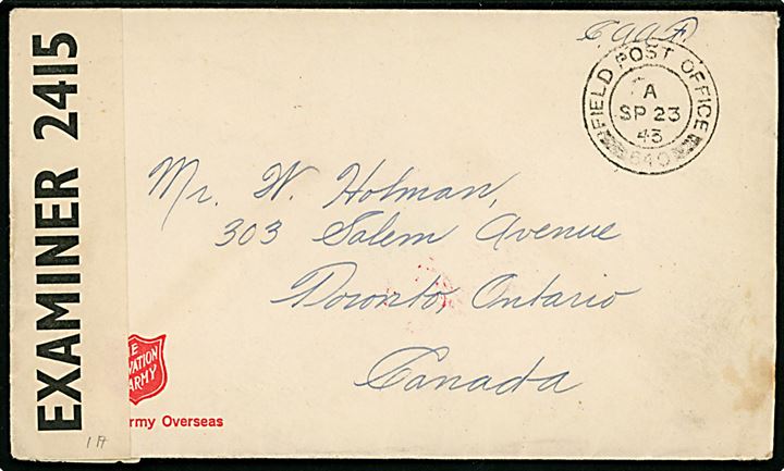 Ufrankeret CAAF feltpostbrev med britisk feltpost stempel Field Post Office 640 (= Canadian Army Postal Service i England) d. 23.9.1943 til Toronto, Canada. Sendt fra soldat ved Post Office 2 Cdn Corps Signals. Åbnet af britisk censur PC90/2415.