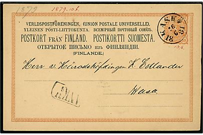 10 pen. helsagsbrevkort annulleret Kaskö d. 26.6.1881 til Wasa.