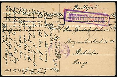 Ufrankeret illustreret feltpostkort fra svensk sproget soldat dateret Rusland ved KpK5/2369 (= AutoKV 6) stemplet Kenttäpostikonttori N.7 d. 19.2.1942 til Stockholm, Sverige. Rødt rammestempel Fältpost F. og finsk censur.