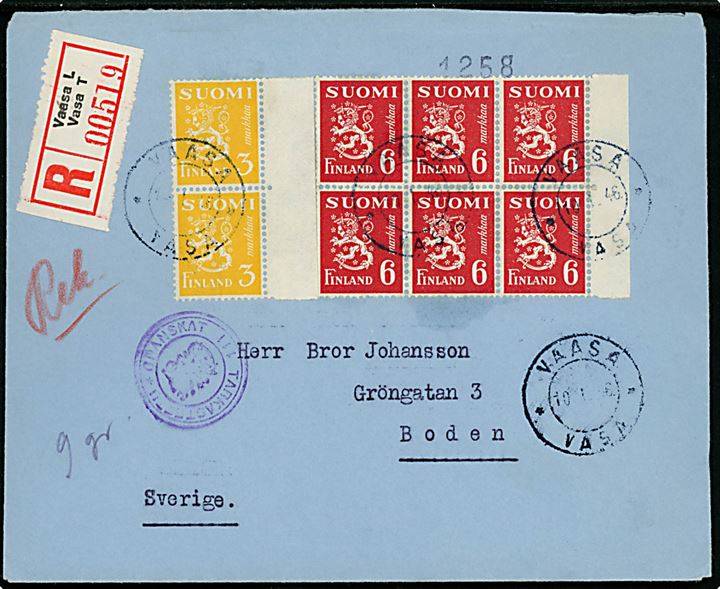 3 mk. (2) og 6 mk. (6) Løve udg. på anbefalet brev fra Vaasa d. 10.1.1946 til Boden, Sverige. Finsk censur.
