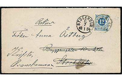 12 öre Ringtype på brev annulleret med bureaustempel PKXP No. 15 (= Stockholm - Laxå) d. 5.1.1884 til Stockholm - returneret til Krifsta.