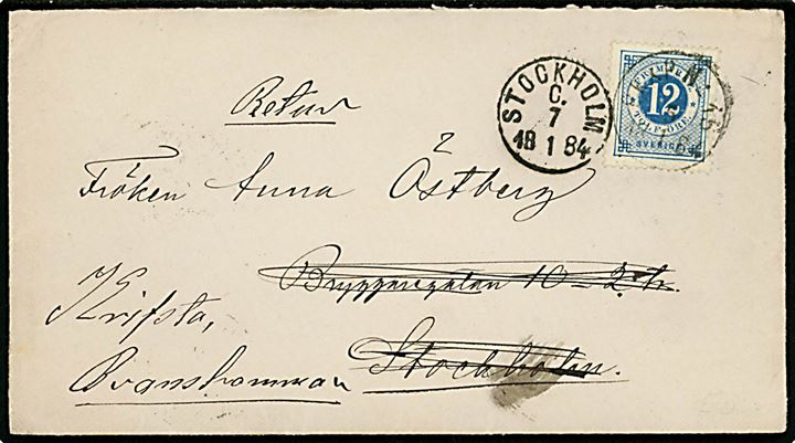 12 öre Ringtype på brev annulleret med bureaustempel PKXP No. 15 (= Stockholm - Laxå) d. 5.1.1884 til Stockholm - returneret til Krifsta.