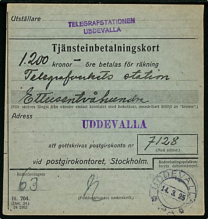 Ufrankeret Tjänsteinbetalingskort fra Telegrafstationen Uddevalla stemplet Uddevalle d. 14.3.1925.
