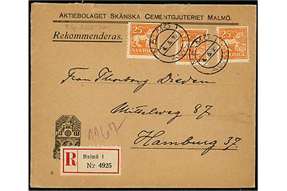 25 öre Løve (3) på anbefalet brev fra Malmö d. 4.5.1925 til Hamburg, Tyskland.