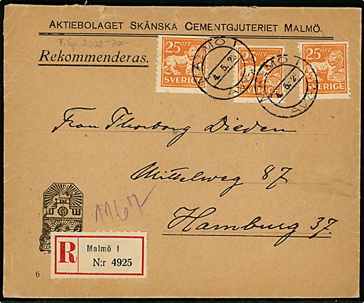 25 öre Løve (3) på anbefalet brev fra Malmö d. 4.5.1925 til Hamburg, Tyskland.