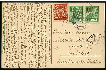 5 öre og 10 öre (par) Løve på brevkort fra Strängnäs d. 2.3.1922 til Maros, Celebes, Hollandsk Ostindien. Ank.stemplet i Maros d. 17.3.1922