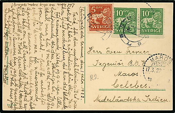 5 öre og 10 öre (par) Løve på brevkort fra Strängnäs d. 2.3.1922 til Maros, Celebes, Hollandsk Ostindien. Ank.stemplet i Maros d. 17.3.1922