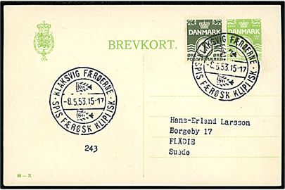 7 øre helsagsbrevkort (fabr. 92-H) opfrankeret med 1 øre Bølgelinie sendt som filatelistisk tryksag med klipfiskstempel Klaksvig Færøerne d. 8.5.1953 til Flädie, Sverige.