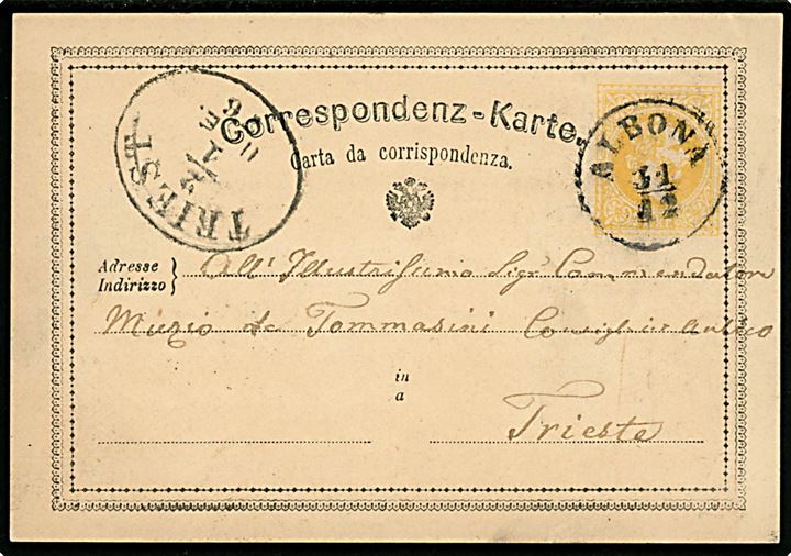 2 kr. Franz Joseph helsagsbrevkort (Italiensk tekst) fra Albona d. 31.12.1875 til Triest.