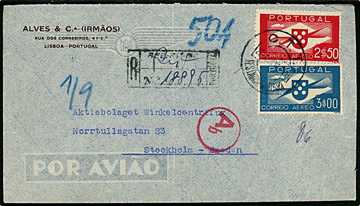 $2.50 og $3.00 Luftpost på anbefalet luftpostbrev fra Lissabon d. 25.6.1941 til Stockholm, Sverige. Passér stemplet Ab i Berlin.