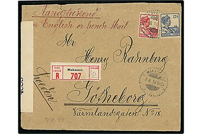 10 c. og 12½ c. på anbefalet brev fra Makasser d. 9.8.1918 til Göteborg, Sverige. Åbnet af britisk censur no. 4853.