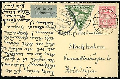10 s. Luftpost og 20 s. Våben på luftpost brevkort fra Bulduri d. 17.8.1933 til Stockholm, Sverige.