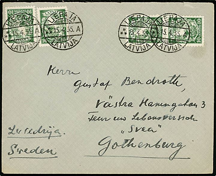10 s. (4) på brev fra Liepaja d. 15.4.1935 til Göteborg, Sverige.