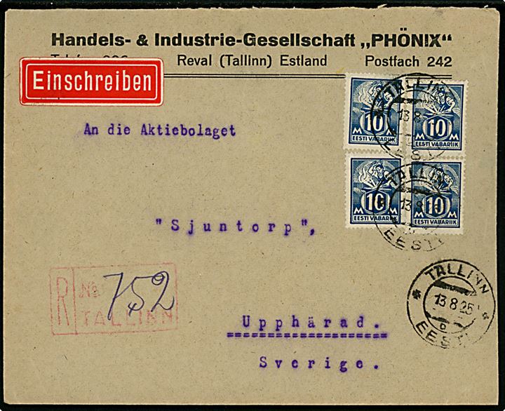 10 mk. Smed (4) på anbefalet brev fra Tallinn d. 13.8.1925 til Upphärad, Sverige.