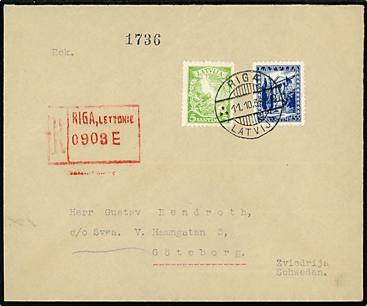 5 s. og 35 s. på anbefalet brev fra Riga d. 11.10.1938 til Göteborg, Sverige.
