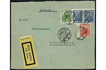 25 c. (2), 50 c. og 60 c. Ny Valuta på 1,60 l. frankeret luftpostbrev fra Klaipeda d. 18.9.1926 via Berlin C2 til Stockholm, Sverige.