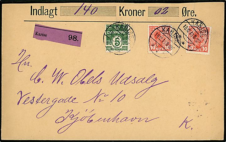 5 øre Bølgelinie og 10 øre Chr. X (2) på værdibrev fra Karise d. 18.12.1913 til København.