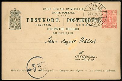 10 pen. Våben helsagsbrevkort annulleret med 2-sproget stempel Lohja d. 20.11.1896 til Leipzig, Tyskland.