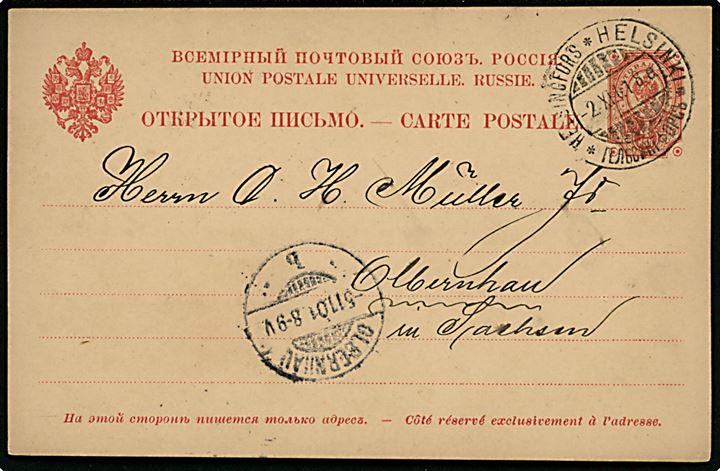 Russisk 4 kop. Våben med ringe helsagsbrevkort fra Helsingfors d. 2.11.1901 til Olbernhau, Tyskland.