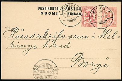 10 pen. Løve helsagsbrevkort opfrankeret med 10 pen. Løve fra Kerava d. 25.9.1918 til Borgå.