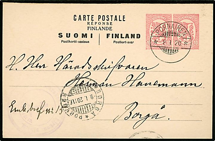 10+10 pen. Løve provisorisk helsagsbrevkort annulleret med udslebet stempel i Pornainen d. 8.1.1920 til Borgå.