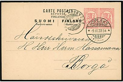 10+10 pen. Løve provisorisk helsagsbrevkort annulleret med udslebet stempel i Hoplaks d. 9.3.1920 til Borgå.