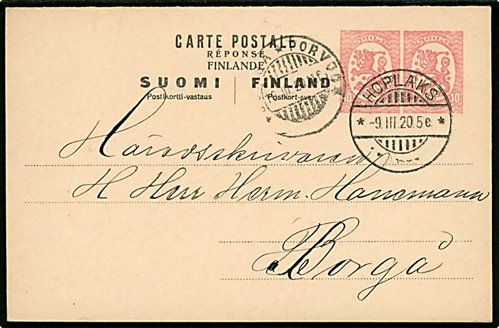 10+10 pen. Løve provisorisk helsagsbrevkort annulleret med udslebet stempel i Hoplaks d. 9.3.1920 til Borgå.