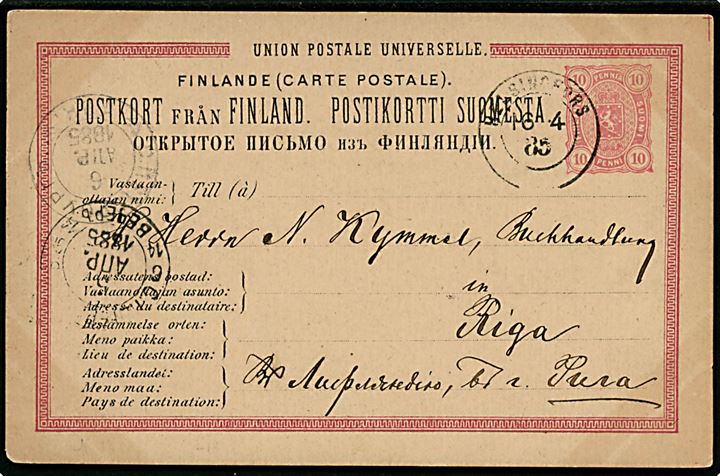 10 pen. helsagsbrevkort fra Helsingfors d. 16.4.1885 via St. Petersborg til Riga, Letland.