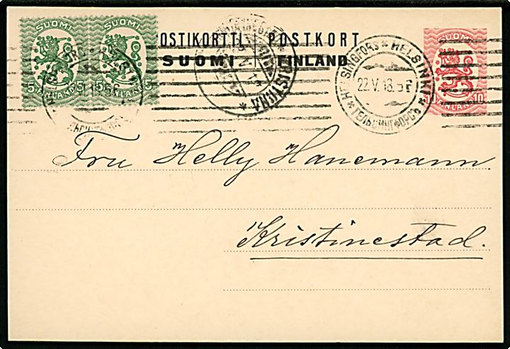 10 pen. Løve helsagsbrevkort opfrankeret med 5 pen. Løve i parstykke fra Helsingfors d. 22.5.1918 til Kristinestad.