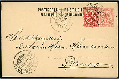 10 pen. Løve helsagsbrevkort opfrankeret med 10 pen. Løve annulleret med udslebet stempel i Sainio d. 12.7.1919 til Borgå.