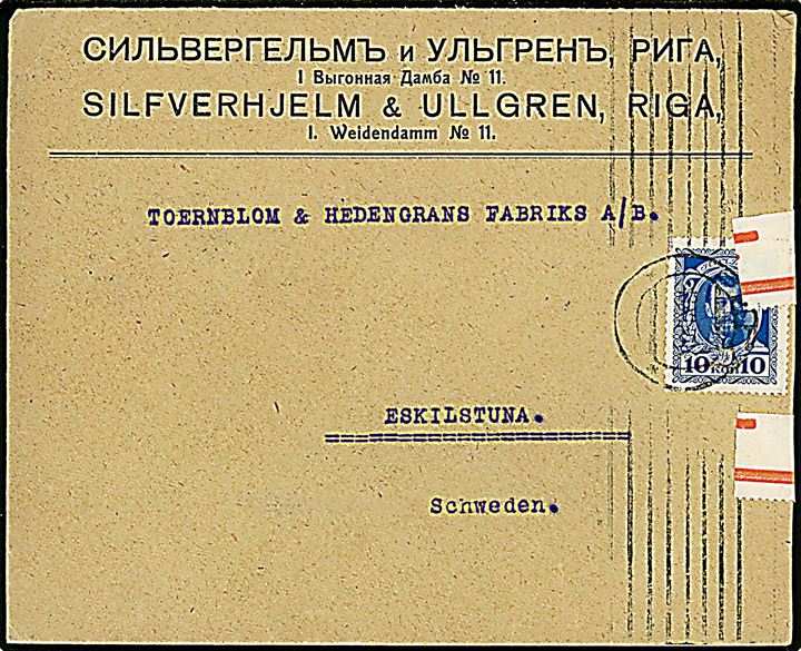 10 kop. Romanow single på brev fra Riga i Letland d. 18.11.1914 til Eskilstuna, Sverige. Åbnet af russisk censur og ank.stemplet i Eskilstuna d. 4.12.1914.