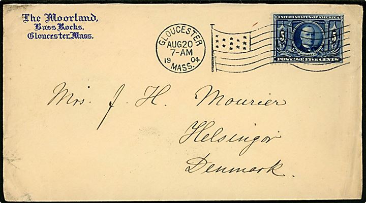 5 cents McKinley Louisiana Exhibition single på brev fra Gloucester d. 20.8.1904 til Helsingør, Danmark.