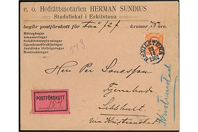 25 öre Oscar II single på brev med postopkrævning fra Eskilstuna d. 23.10.1902 til Sibbhult via Kristianstad.