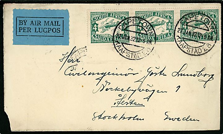 4d Luftpost i 3-stribe på luftpostbrev fra Cape Town d. 27.1.1932 via Paris og Malmö Luftpost til Stockholm, Sverige. Lille hj.skade.