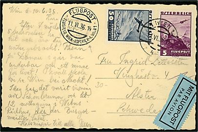 5 gr. og 50 gr. Luftpost på luftpost brevkort fra Wien d. 11.6.1936 via Flugpost * Flugfeld Wien-ASpern P.-A. Wien 1 til Ålsten, Sverige.