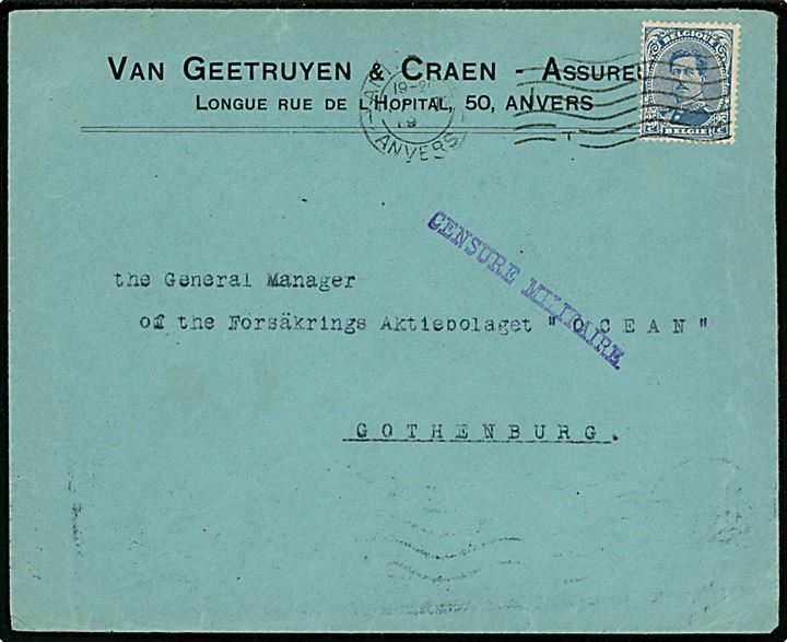 25 c. Albert 1. single på brev fra Anvers d. x.7.1919 til Göteborg, Sverige. Belgisk censur Censure Militaire.