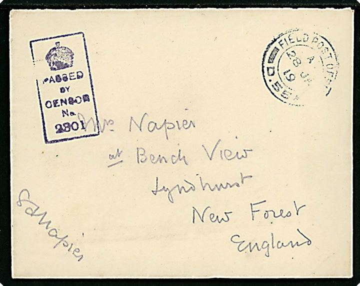 Ufrankeret feltpostbrev stemplet Field Post Office D.55 d. 28.1.1919 (= Le Chateau, Frankrig) til New Forest, England. Unit censor no. 2301.