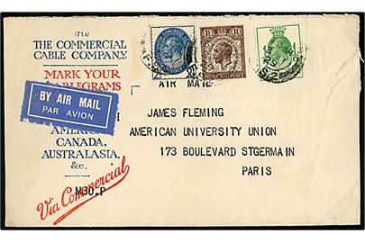 ½d, 1½d og 2½d Postal Union Congress på Commercial Cable Company luftpostbrev fra London d. 3.7.1929 til Paris, Frankrig.