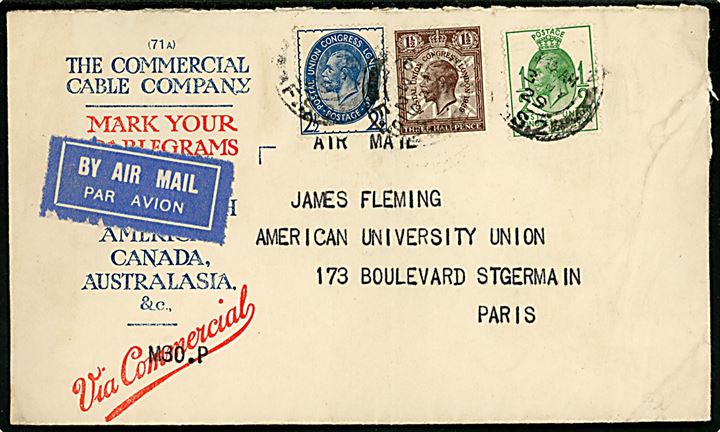 ½d, 1½d og 2½d Postal Union Congress på Commercial Cable Company luftpostbrev fra London d. 3.7.1929 til Paris, Frankrig.
