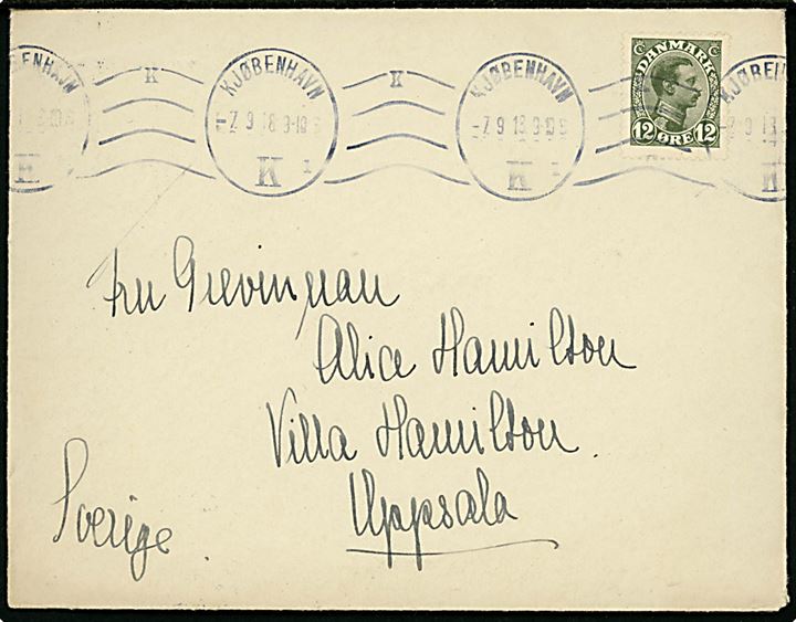 12 øre Chr. X single på brev fra Kjøbenhavn d. 7.9.1918 til grevinde Hamilton i Uppsala, Sverige.