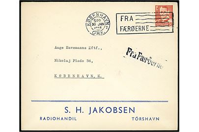 30 øre Fr. IX på firmakuvert fra Tórshavn annulleret med TMS København OMK. 2 / Fra Færøerne d. 30.1.1955 og sidestemplet Fra Færöerne til København.