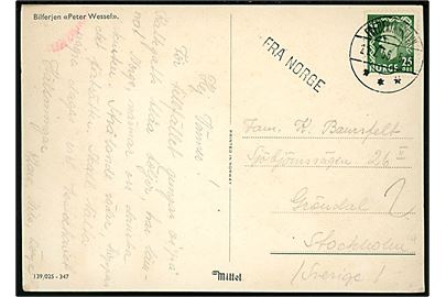 25 øre Haakon på brevkort (Færgen Peter Wessel) annulleret med dansk stempel i Frederikshavn d. 21.7.1956 og sidestemplet Fra Norge til Stockholm, Sverige.
