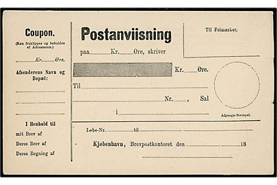 Postanviisning formular fra Kjøbenhavn, Brevpostkontoret 18xx. Ubrugt.