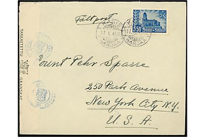 3,50 mk. Wiborgs generobring single på brev påskrevet Fältpost fra Karis d. 17.10.141 til count Pehr Sparre i New York, USA. Åbnet af finsk censur. Sendt fra finsk sergent. 