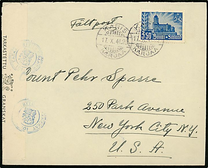 3,50 mk. Wiborgs generobring single på brev påskrevet Fältpost fra Karis d. 17.10.141 til count Pehr Sparre i New York, USA. Åbnet af finsk censur. Sendt fra finsk sergent. 