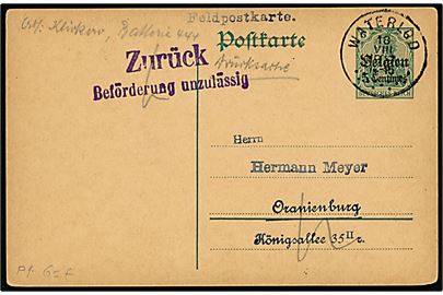 Tysk post i Belgien. 5 c./5 pfg. Belgien provisorisk helsagsbrevkort påskrevet Feldpostkarte og stemplet Waterloo d. 18.8.1917 til Oranienburg, Tyskland. Returneret med stempel: Zurück / Beförderung unzulässig.