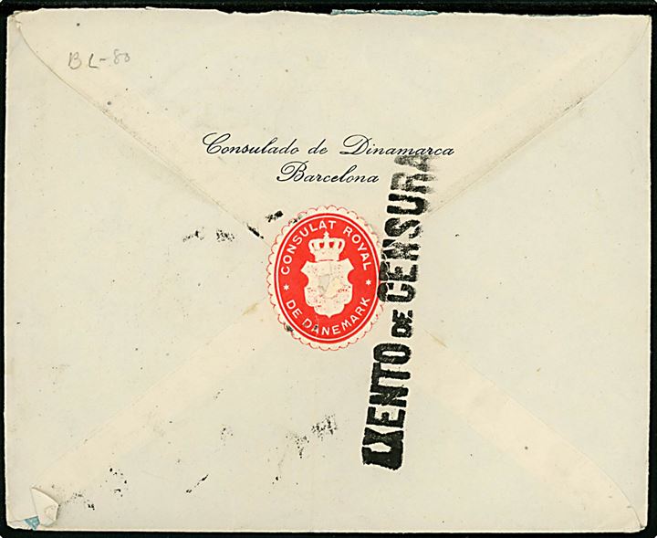 25 cts., 1 pta. Franco og 2 pts Luftpost (3) på luftpostbrev påskrevet via Berlin fra det danske konsulat i Barcelona d. 10.8.1942 til København, Danmark. På bagsiden stemplet EXENTO de CENSURA og passér stemplet Ad ved den tyske censur.